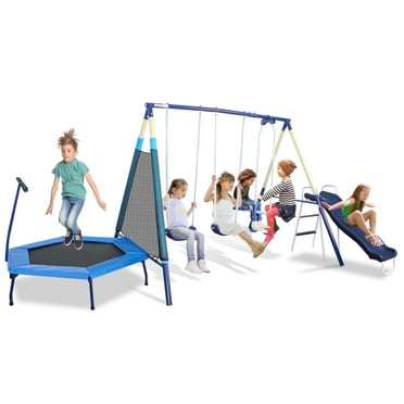 Yuanwe 5 in 1 Swing Set with Trampoline , Glider, Slide and Swing Seats