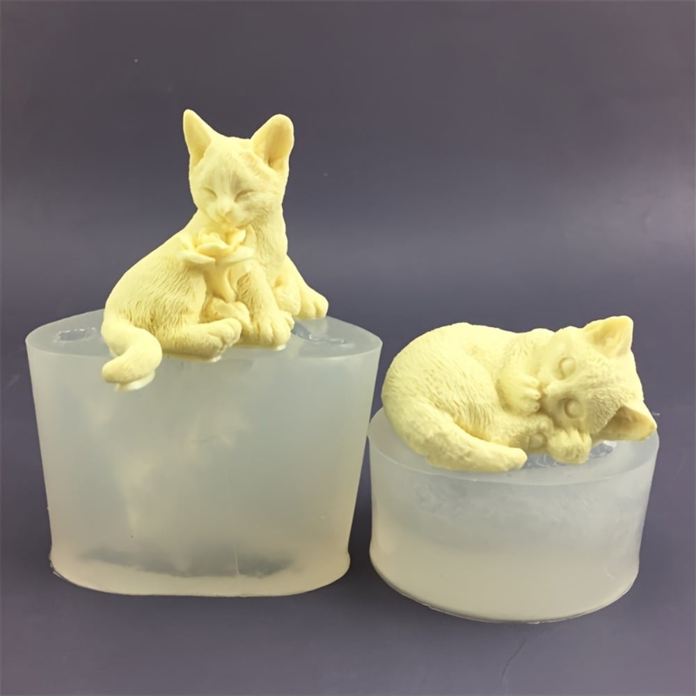 2 Sets of Silicone Cat Molds, 3D Sitting Rose Cat Mold, Side-lying Sleeping Cat Silicone Candle Mold, Cat Resin Candle Mold, Cute Animal Epoxy Resin Casting Plaster Mold, DIY Craft Gift Set