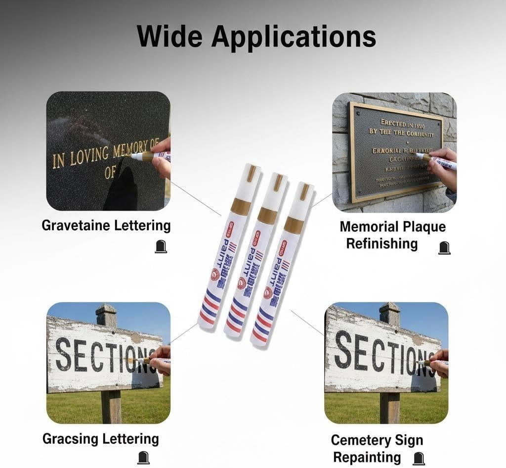 6pcs Oil Based Paint Pens for Tombstone Repair - Golden Paint Marker Pen - Waterproof and Windproof Markers for Granite Headstones, Grave, Mug, Ceramic