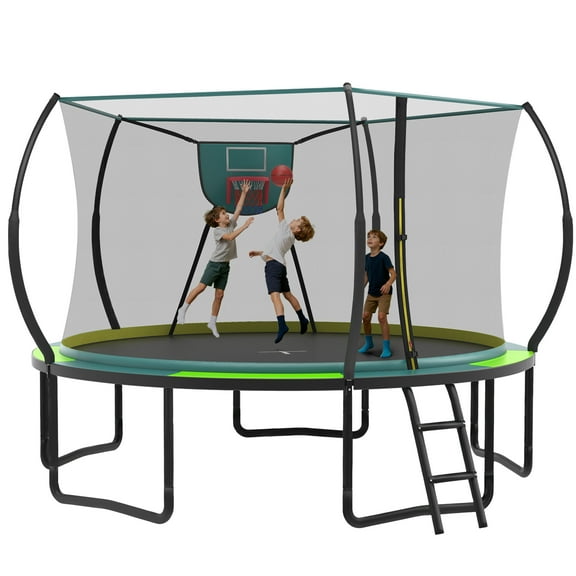 SEGMART 12ft Trampoline with Basketball hoop, Upgraded Round Outdoor Kids Trampoline with Enclosure Net, Heavy Duty Backyard Trampoline with No Gap Design, Recreational Trampoline for Adults Kids