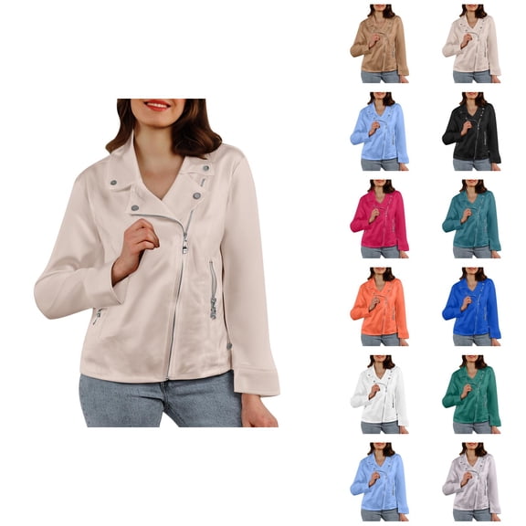 Casual Jacket for Women Fall Faux Suede Long Sleeve Slim Fit Zip Up Collared Cropped Jacket with Pockets Outerwear