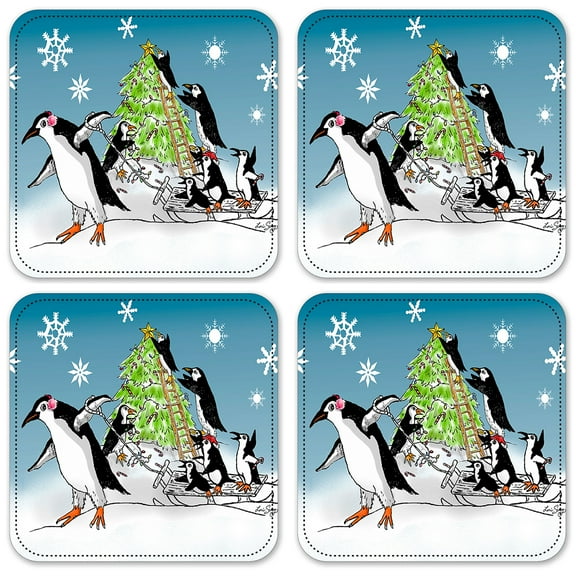 Vinyl Drink Coasters - Set of 4 - Penguin Christmas Tree