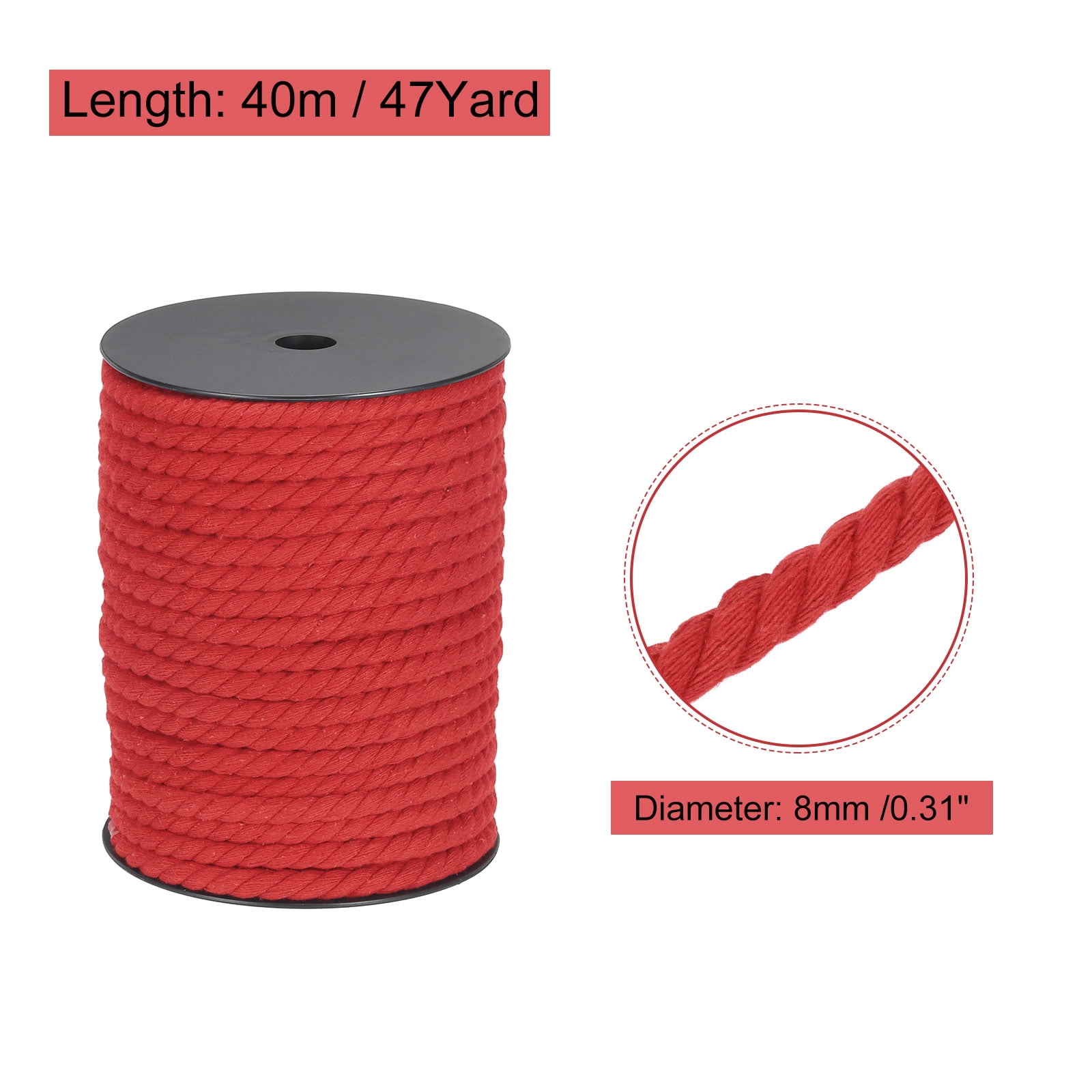 Cotton Rope 3 Strand Twisted Braided Rope Cord, Red 40m/47 Yard 8mm Dia for Wall Hanging, Plant Hanger
