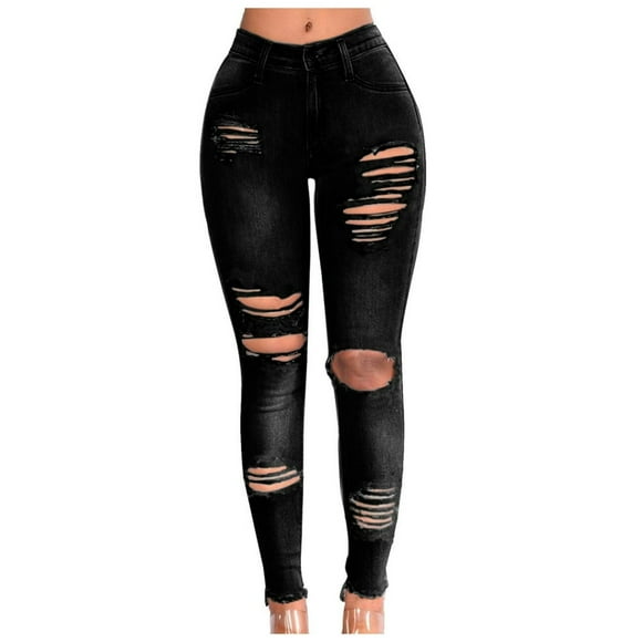 Women Slim Plus Size Ripped Hole Gradient Long Jeans Denim Regular Pants