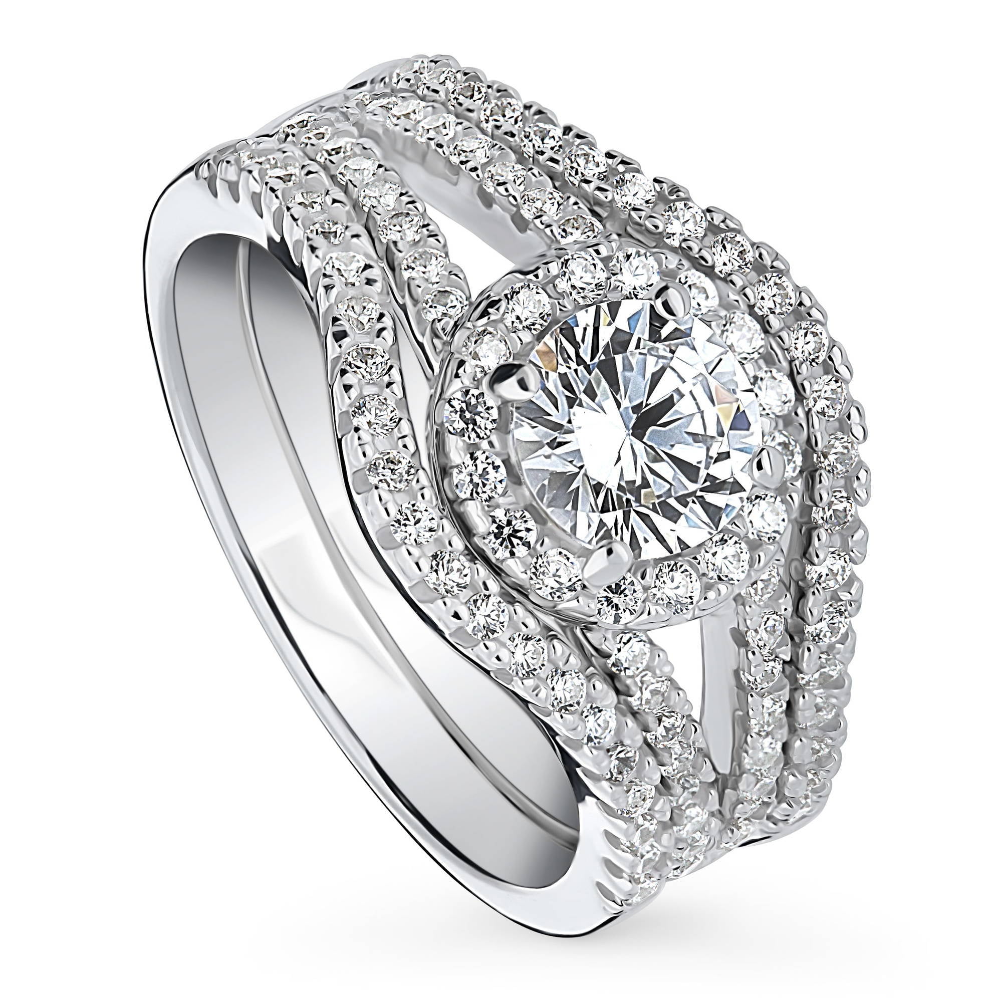 BERRICLE Sterling Silver CZ Halo Engagement Wedding Split Shank Ring Set 