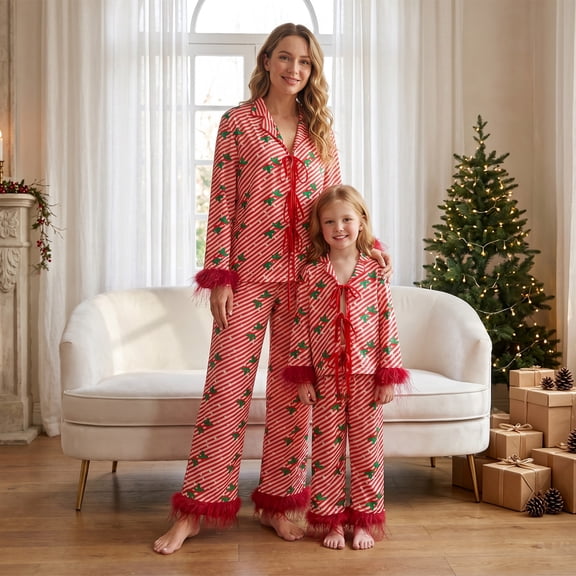 AIGUR Mom and Me Matching Christmas Pajamas Long Sleeve Leaf Print Shirt Pants Set Sleepwear