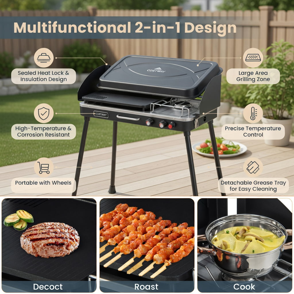 Resenkos Outdoor Patio Barbecue Cooker, Outdoor Grills,2-in-1 Gas Camping Grill and Stove with Detachable Legs-Black