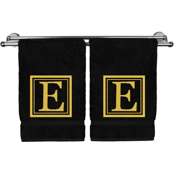 Hand Towel, 16 x 30 Inches Set of 2, Gift- Letter Embroidered with Square Design on Black Towel - Extra Absorbent - 100% Turkish Cotton - Soft Finish - Initial E
