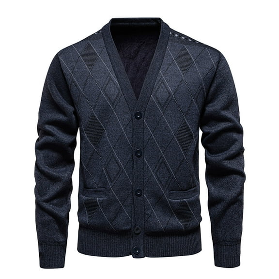 Dolkfu V-Neck Winter Sweaters for Men Argyle Print Gray Button Down Sweater Cardigan Casual Dressy Coats for Man L