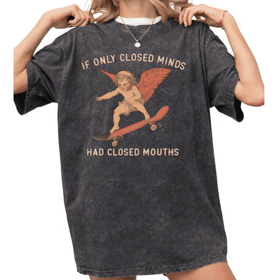 Women's "If Only Closed Minds" Skateboarding Angel Graphic Washed T Shirt Wise Cherub Vintage Black S-2XL Plus Size