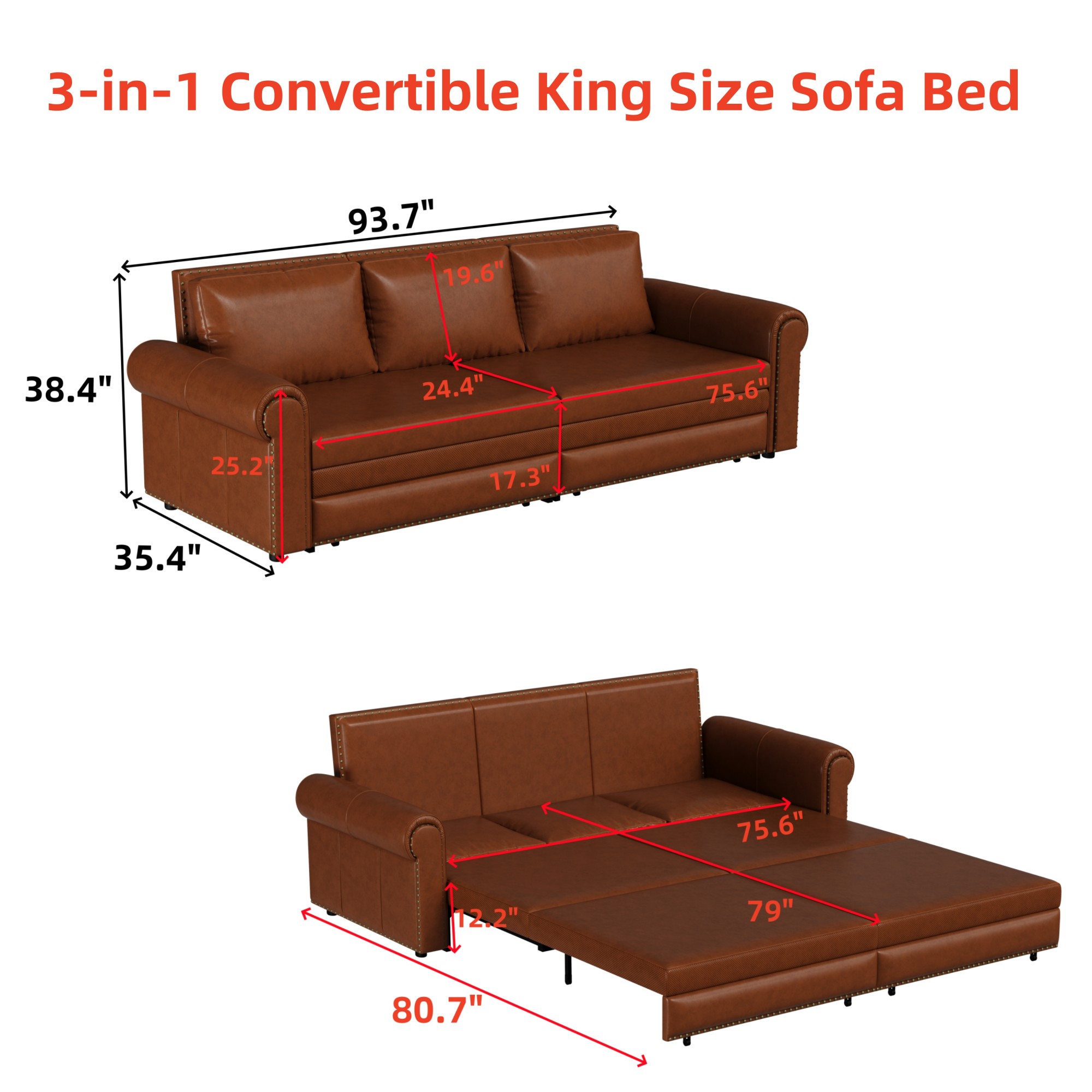 Aukfa 93.7" King Pull Out Sofa Bed, Faux Leather 3-in-1 Convertible Chesterfield Sleeper Sofa Couch with Nailhead Trim & Rolled Arms, Light Brown