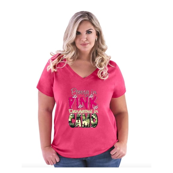 Women's Plus Size V-neck T-Shirt - Pretty in Pink Dangerous in Camo