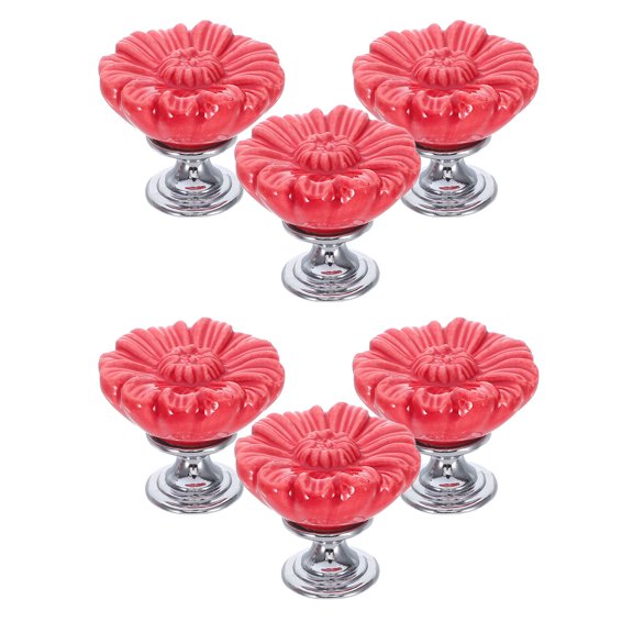 OUNONA 6Pcs Vintage Style Red Ceramic Dresser Knobs with Artistic Daisy Design