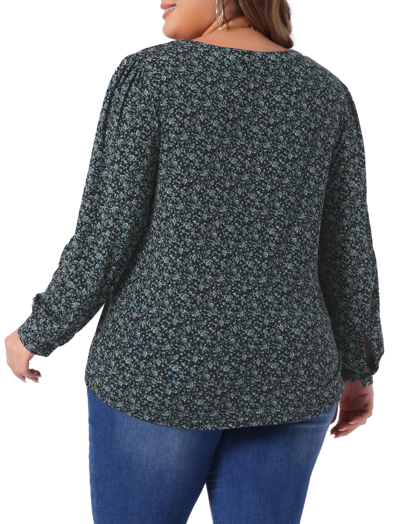DARING DIVA Women's Plus Pleated Notch V Neck Floral Tunic Blouse 4X Black Blue