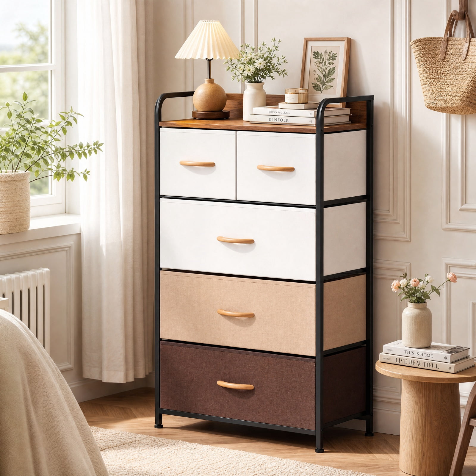 Furnibear 5 Drawer Tall Fabric Dresser Nightstand with Removable Bins and Anti Tip Kit for Bedroom Closet Entryway, Multicolor