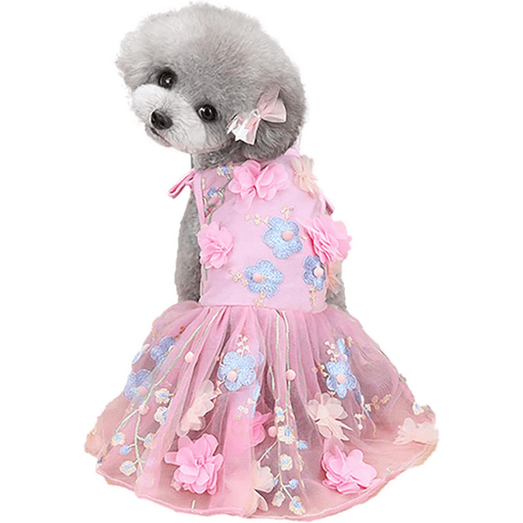 Flower Lace Dog Dress Cat Princess Suspender Costume Puppy Tutu Floral&Bow Clothes Puppy Embroidery Skirt