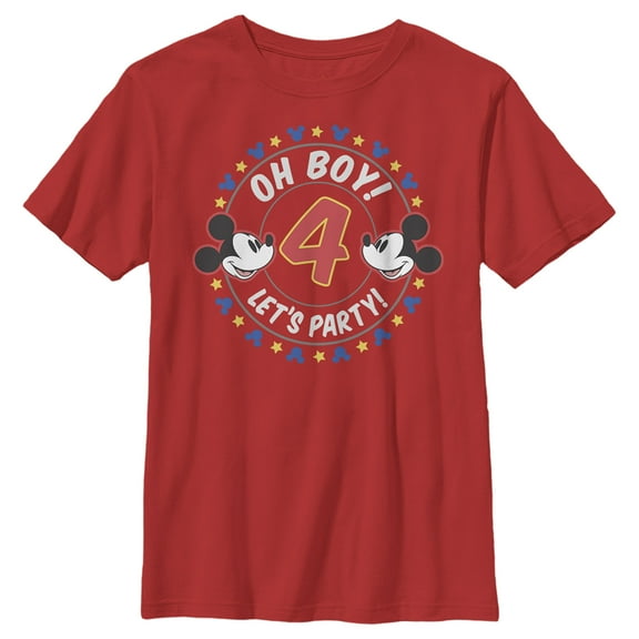 Boy's Mickey & Friends 4th Birthday Oh Boy Let's Party Mickey Graphic Tee Red X Large