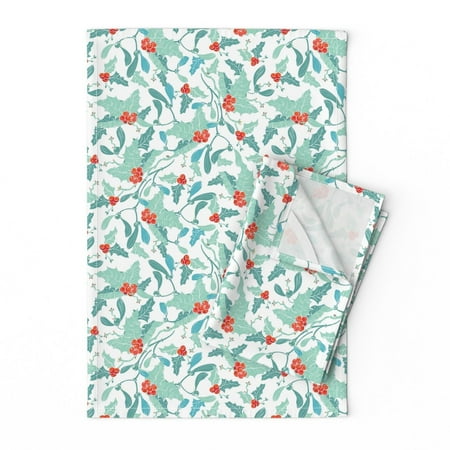 Gibson Christmas Dishes Holly Berry Christmas Pastel Holly Berries Linen Cotton Tea Towels by Roostery Set of 2 ()