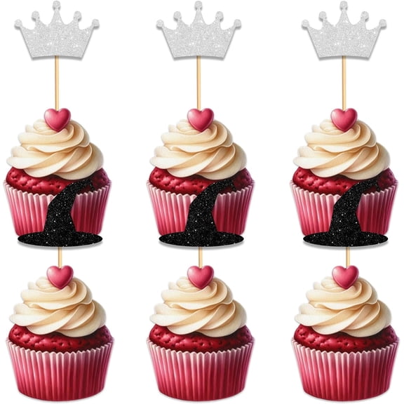 Glitter 10pcs Cupcake Topper for Crown Witch Hat Witch Princess Theme Party Favors Decorations Women Girls Happy Birthday Party Decor Supplies