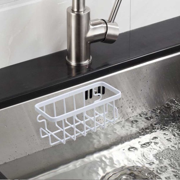 Soporte de esponja Caddy de fregadero de acero inoxidable para cepillo de plato de depuración de esponja (blanco)