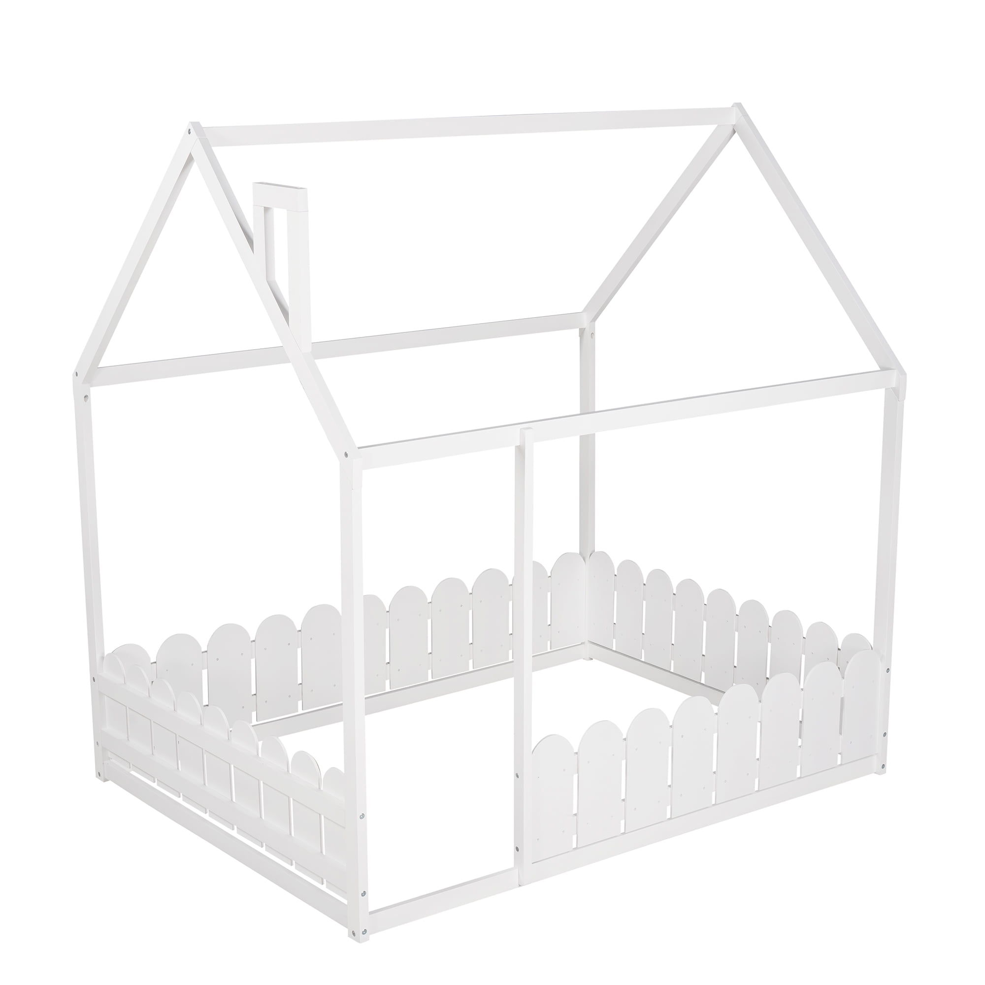 Full Size Fence Bed Frame, Cabin Bed, Floor Bed, House Bed, Kids Bed with Roof and Fence, for Kids/Teens (White )