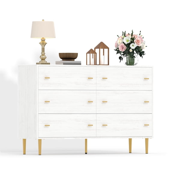 Dresser 6 Drawer Farmhouse Rustic White Wood Chest with Bar Handles, 47.2 Inch Wide Storage Cabinet Organizer for Bedroom Living Room Hallway Entryway Closet