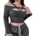 thumbnail image 3 of PENGXIANG Ladies Short Sleeve Crop Top  Solid Color Halter Neck Cutout Shirt, 3 of 4