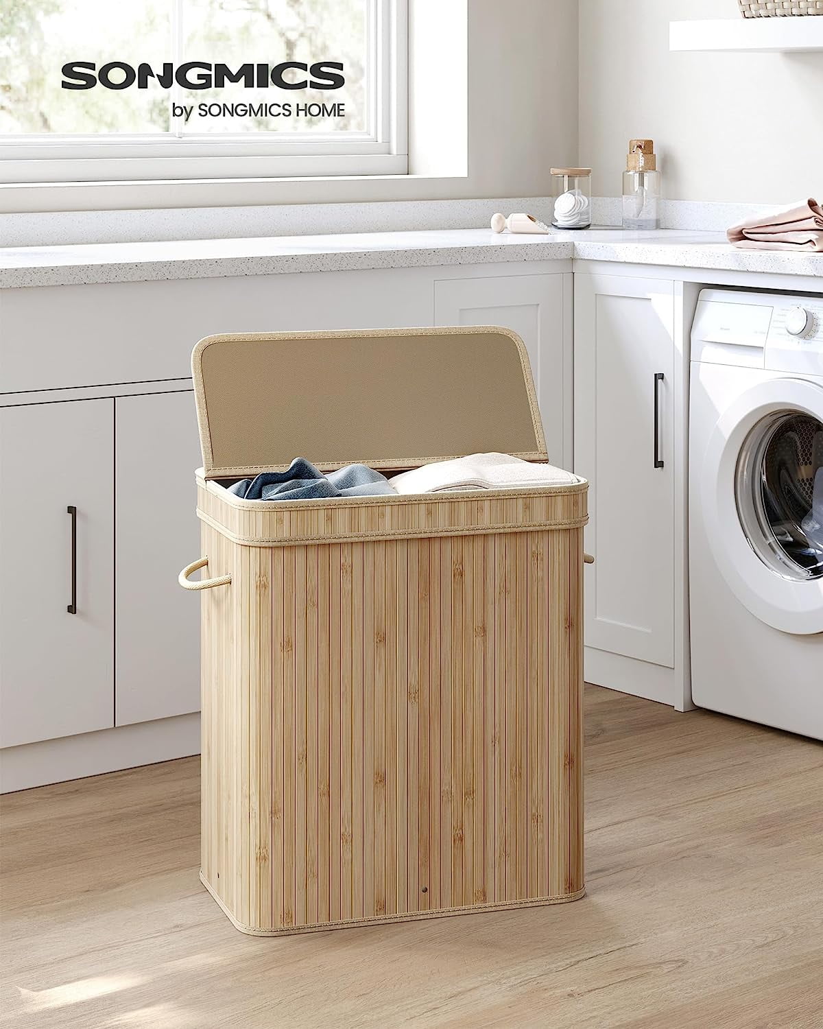 100L Laundry Hamper with Lid Bamboo Laundry Basket with Liner Bag Foldable Storage Hamper with Handles Natural