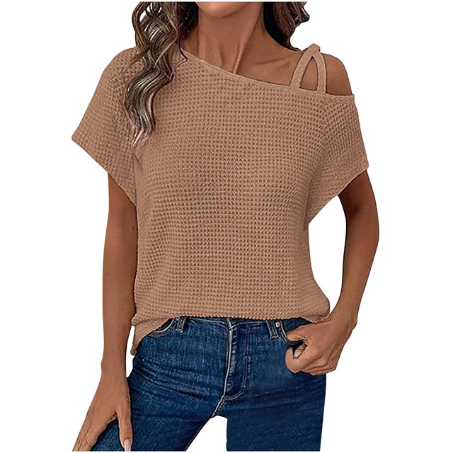 Dealovy Summer Tops for Women Cold 1 Shoulder Short Sleeve Textured Loose Solid Color Casual Tunic Shirts