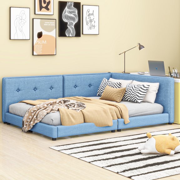 MODERNLUXE Upholstered Queen Size Daybed, Floor Sofa Bed with USB Ports, Blue