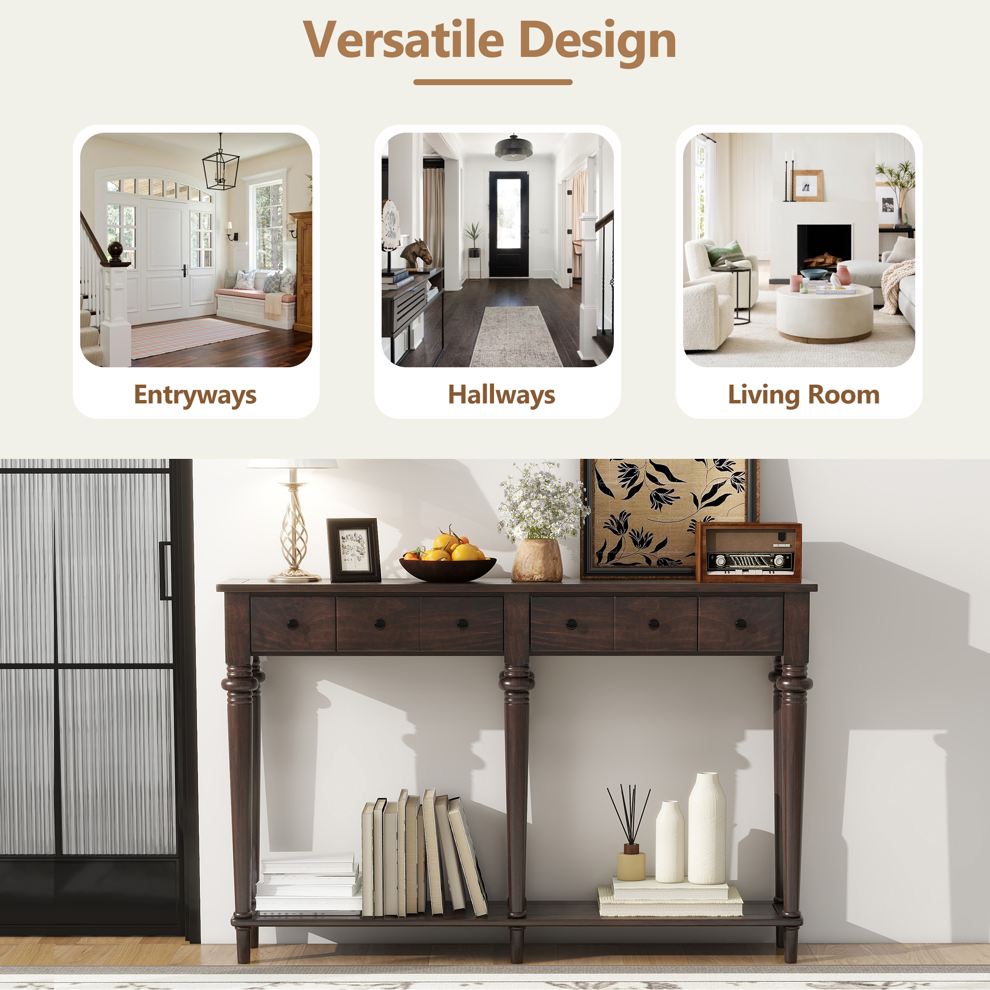 EUROCO 59.8" Solid Wood Console Table,Retro Long Sofa Table Entryway Table with 4 Drawers and Bottom Shelf for Hallway Living Room,Espresso