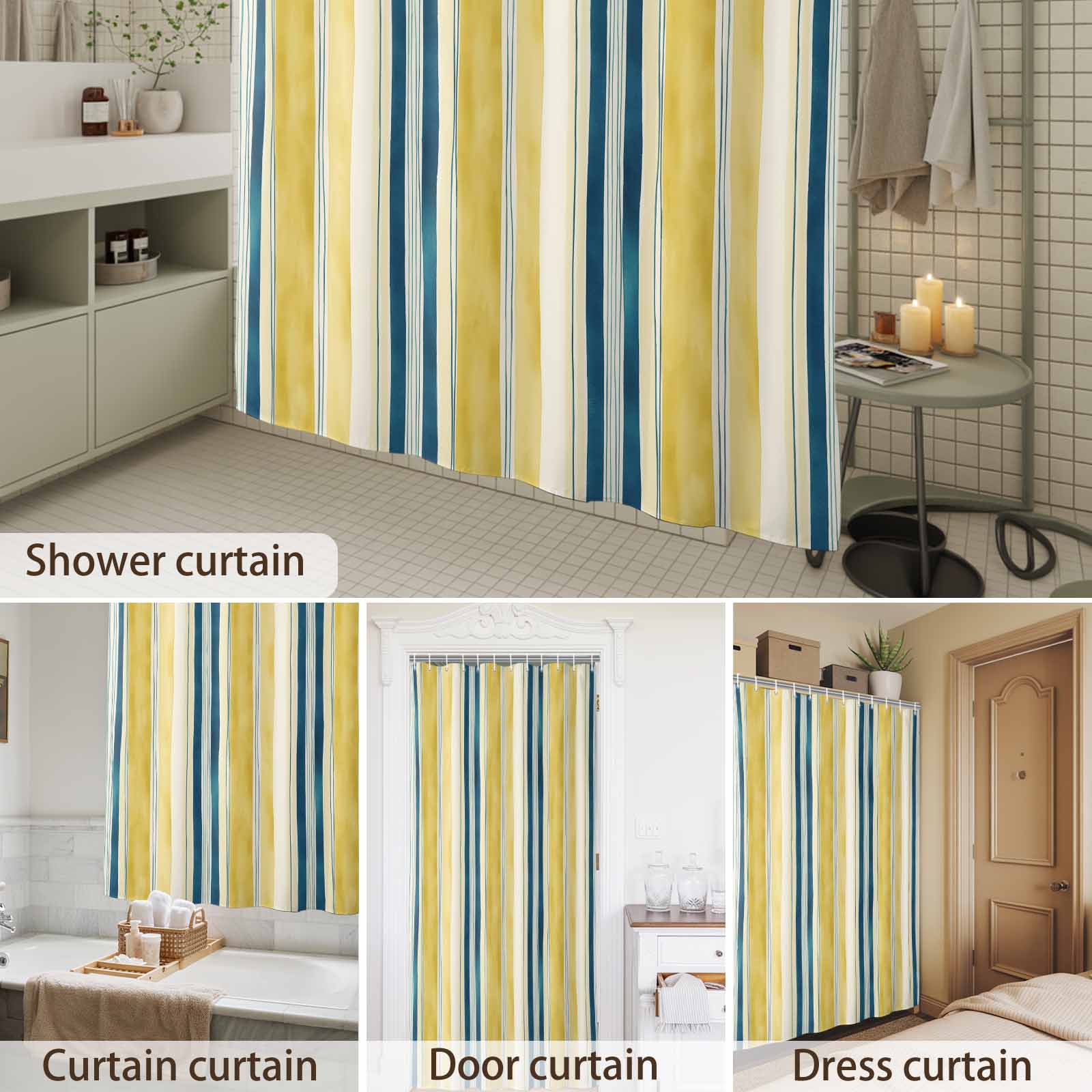 Bathroom Shower Curtain Gradient Yellow Blue Stripes Waterproof Shower Curtains with Hooks, Abstract Watercolor Line Bath Curtains Bathtub Curtain Home Decor 72x72in