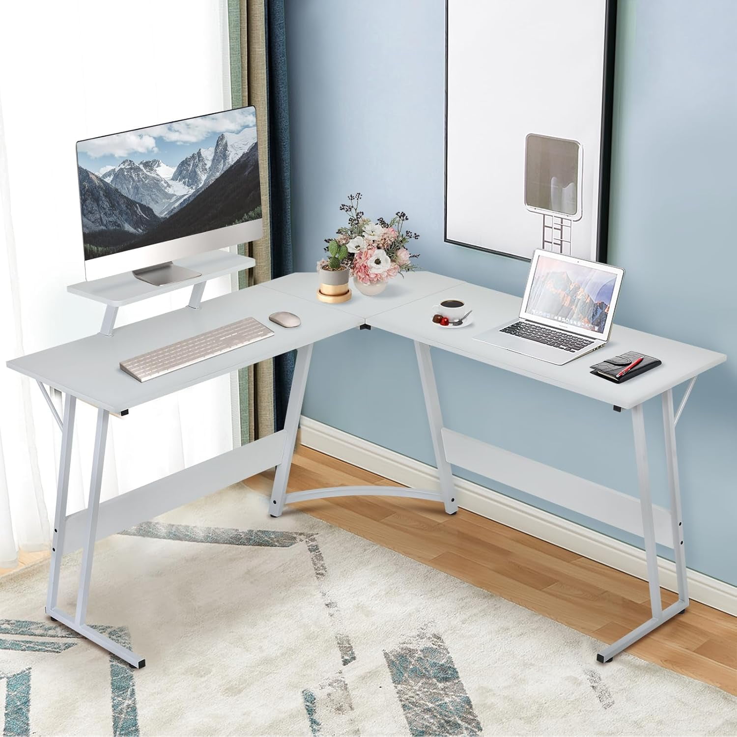 CL.HPAHKL L Shaped Gaming Desk, Corner Computer Desk Table with Monitor Stand for Home Office Study Writing, White