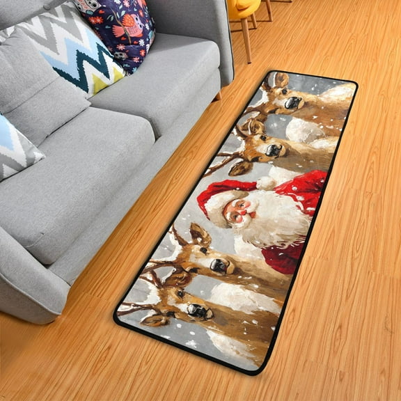 Christmas Santa Claus and Deers Hallway Runner Rug 2'X6' Non-Slip Washable Carpet Runner Kitchen Entryway Laundry Bedroom