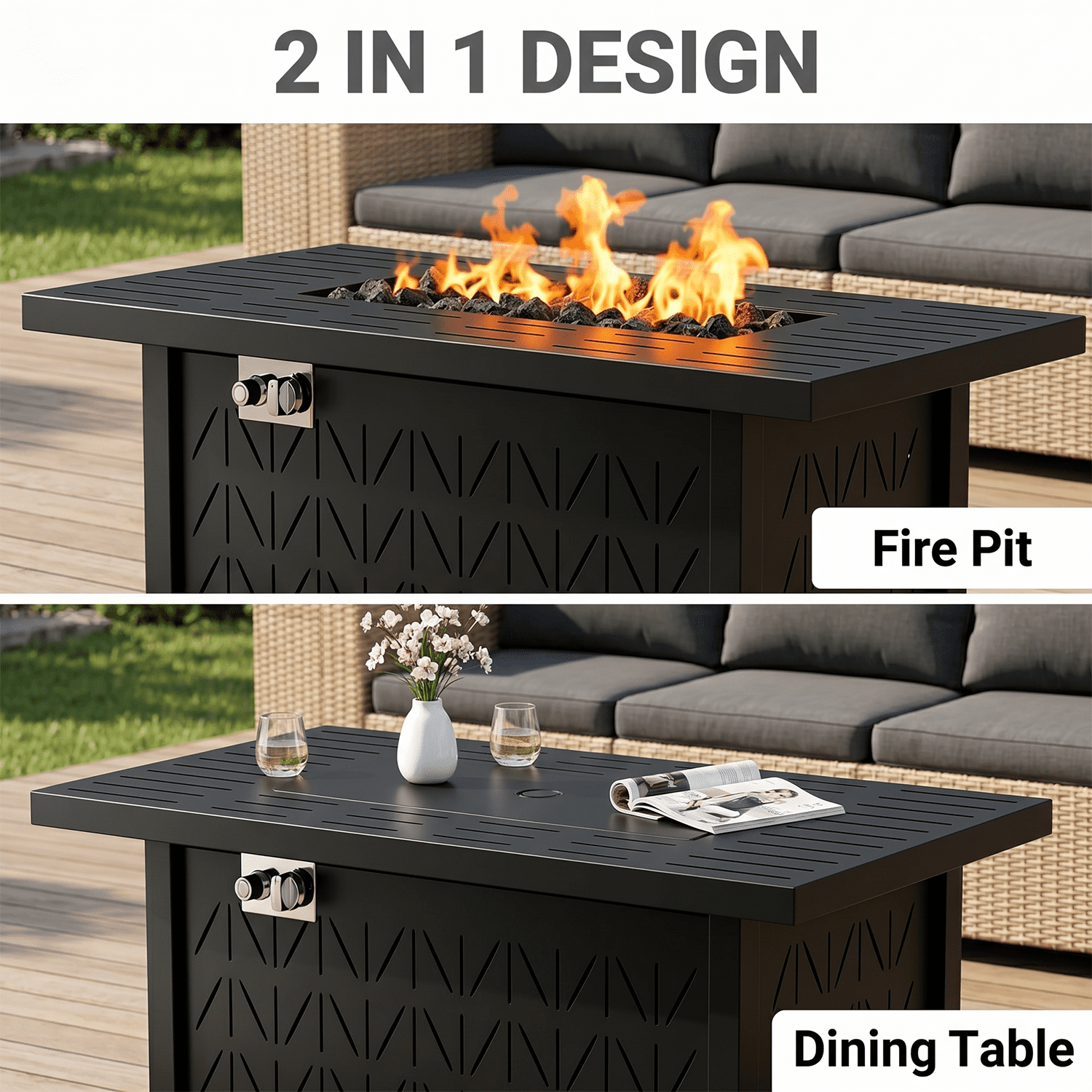 Vornel 43"Rectangular Propane Fire Pit Table,50000 BTU 2in1 Gas Firepit with Lid,Rain Cove,Glass Stones,Fire Table for Garden,Pool,Outdoor Party
