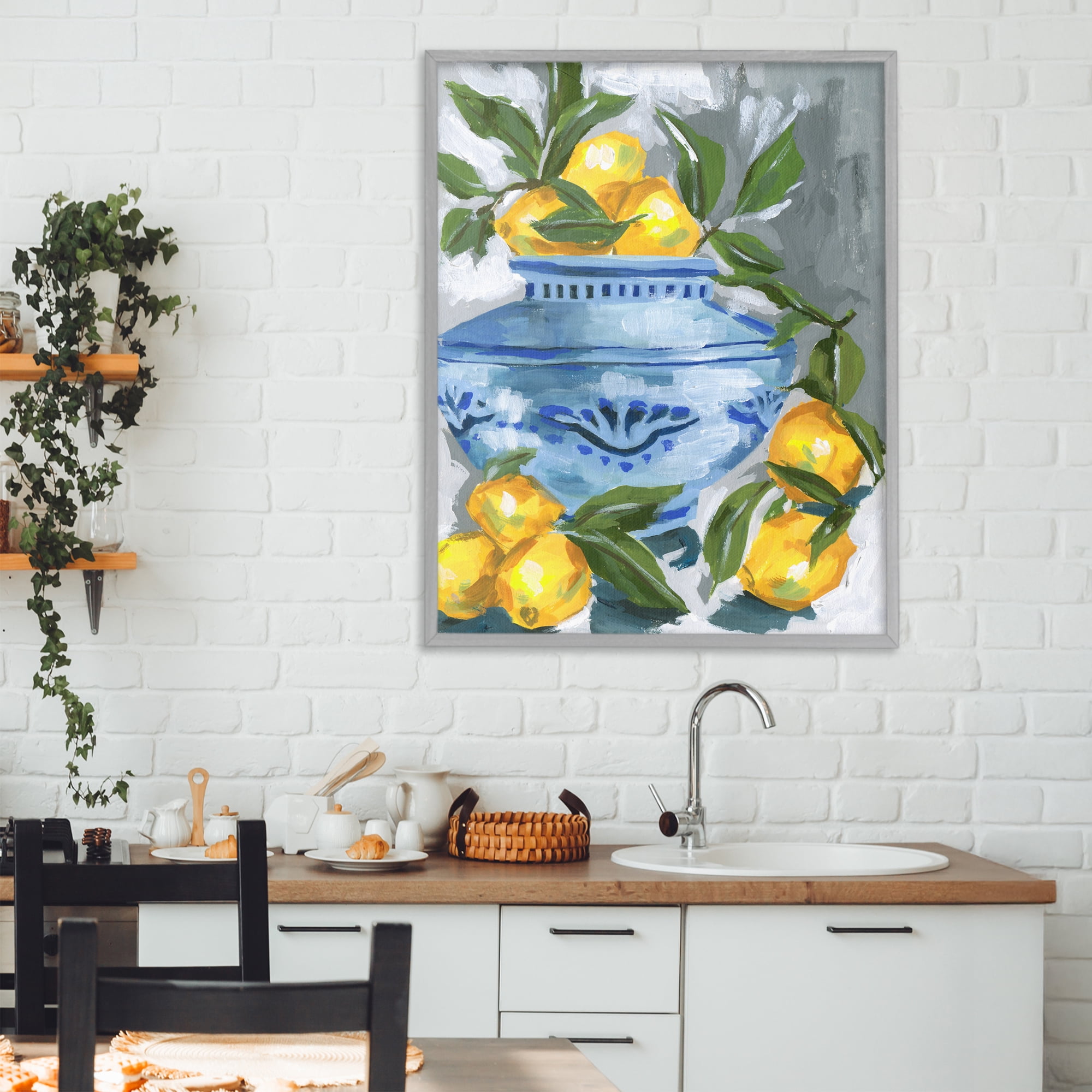 Stupell Industries Indigo & Lemon Vase Gray Framed Giclee Art, design by Melissa Wang