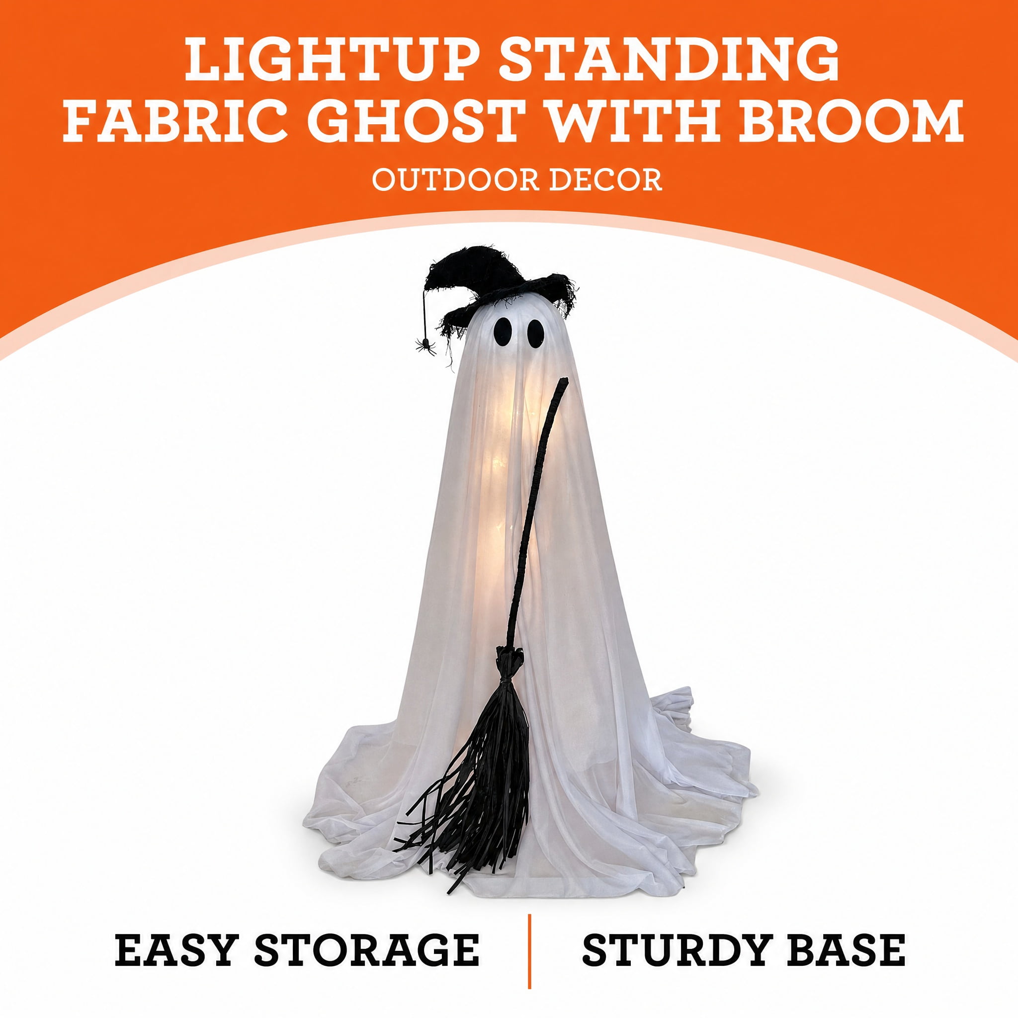 Light-Up Standing Fabric Ghost with Broom Decoration, Black and White, 36", Halloween by Way To Celebrate