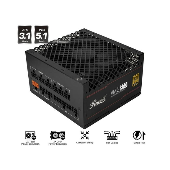 Rosewill VMG 850W 80+ Gold, ATX 3.0 & 3.1 Compatible, Full Modular Low-Noise Power Supply, PCIe 5.1 12V-2x6 Connector, 100% Japanese Capacitor, 120mm FDB Silent Fan - 5 Year Warranty - VMG850