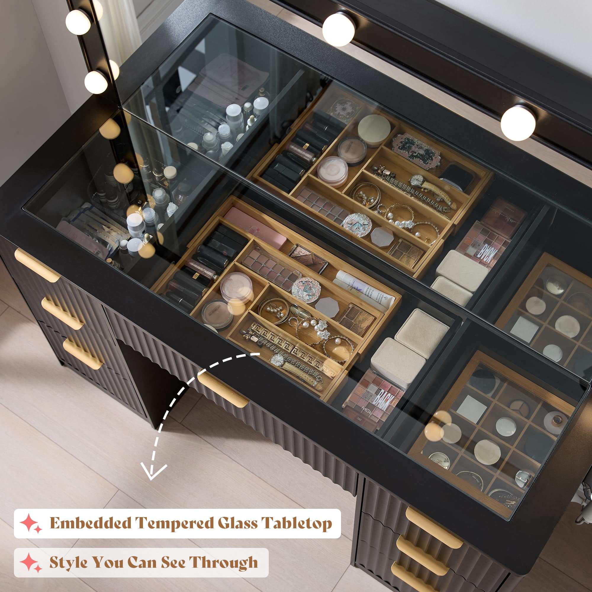 Merluxy 47.2" Girls Vanity Desk with Large Mirror and Adjustable LED Lights, 7 Drawers Makeup Table with Glass Top and Charging Station, Black