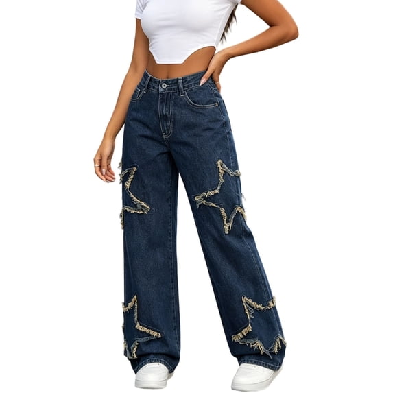 JOANKDMI Baggy Jeans for Women Y2K Streetwear High Waisted Wide Leg Denim Pants Distressed Star Patchwork Vintage Casual Loose Fit Trousers Fashion Aesthetic