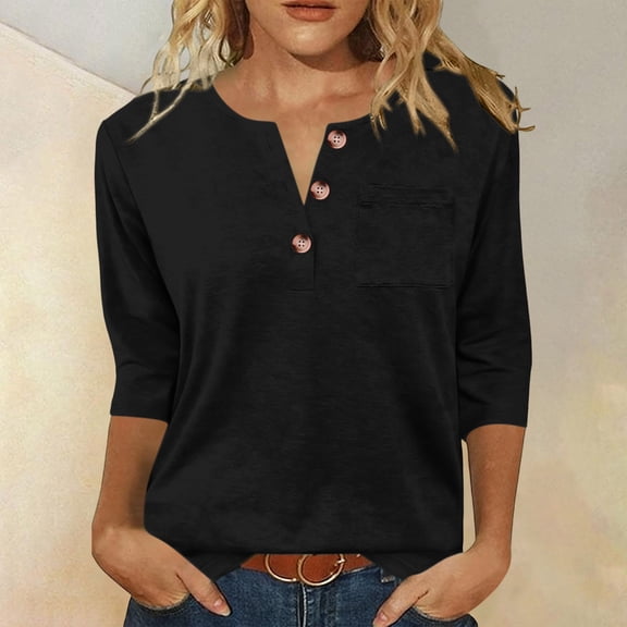 Craaazy Women's Casual Solid Color 3/4 Sleeve Button V-Neck T-Shirts with Pocket for Spring and Summer Daily Wear