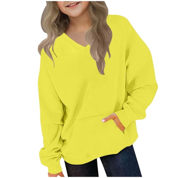 Khunlpohl Kid's Casual Sweatshirts V Neck Long Sleeve Loose Tops Solid Color Fall Winter Clothes with Pockets for Boys Girls