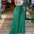 thumbnail image 5 of Olyvenn Women's Fashion Summer Casual Solid Chiffon Pockets Elastic Waist Full Length Long Pants Double Layer Crinkle Wide Leg Pants Trousers Flare Trousers Green 6, 5 of 7