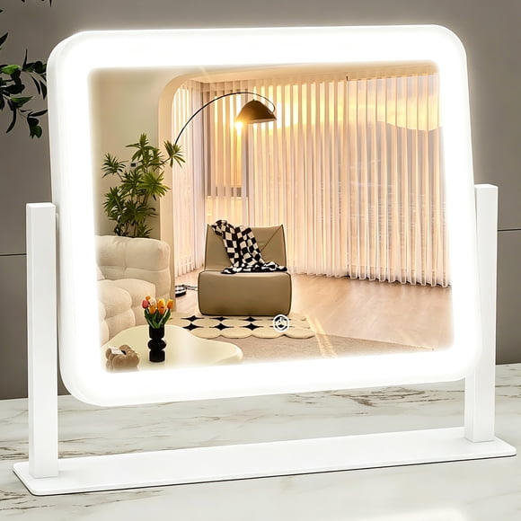 Kisportee Espejo de Tocador LED de 14"x12" con Luces, Regulable con 3 Modos de Color, Espejo de Maquillaje con Pantalla Táctil para Tocador, Diseño Cuadrado con Marco de Aluminio, Puerto de Carga USB