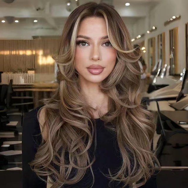 Yanonmyfd Wig with Bangs Long Wavy Copper Red Layered Wig with Curtain Bangs for White Black Women,Synthetic Ginger Reddish Brown Layered Long Wavy Shaggy for Daily Party 24inch
