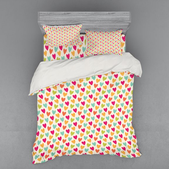 Geometric Duvet Cover Set, Valentines Day Concept Colorful Heart on a Chalky Tainted Background, Bedding Set with Shams and Fitted Sheet, 3 Sizes, by Ambesonne