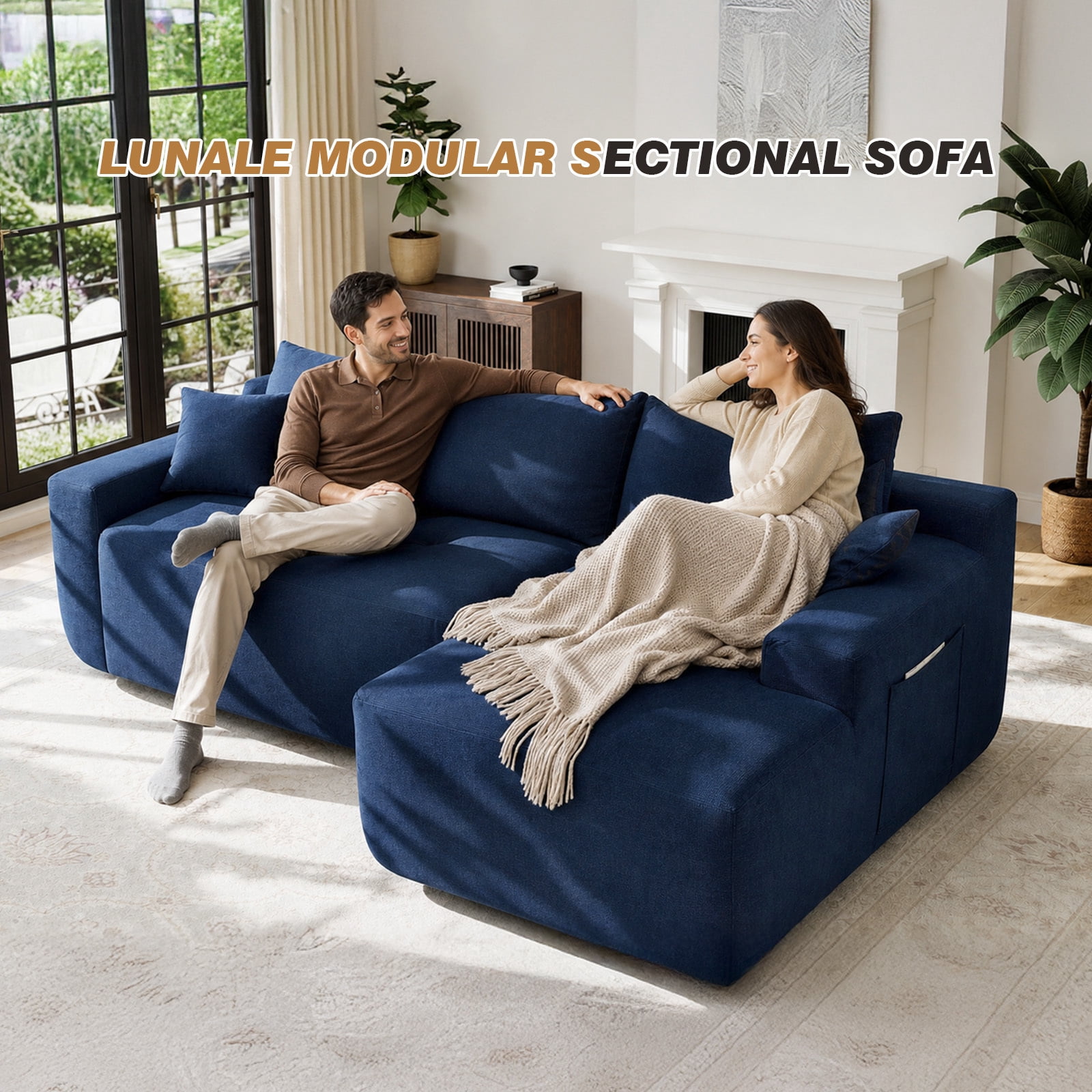 Lunale L-Shaped Modular Sectional Sofa with Right Chaise, No Assembly Required, Boneless Polyester Cloud Couch for Living Room, Blue