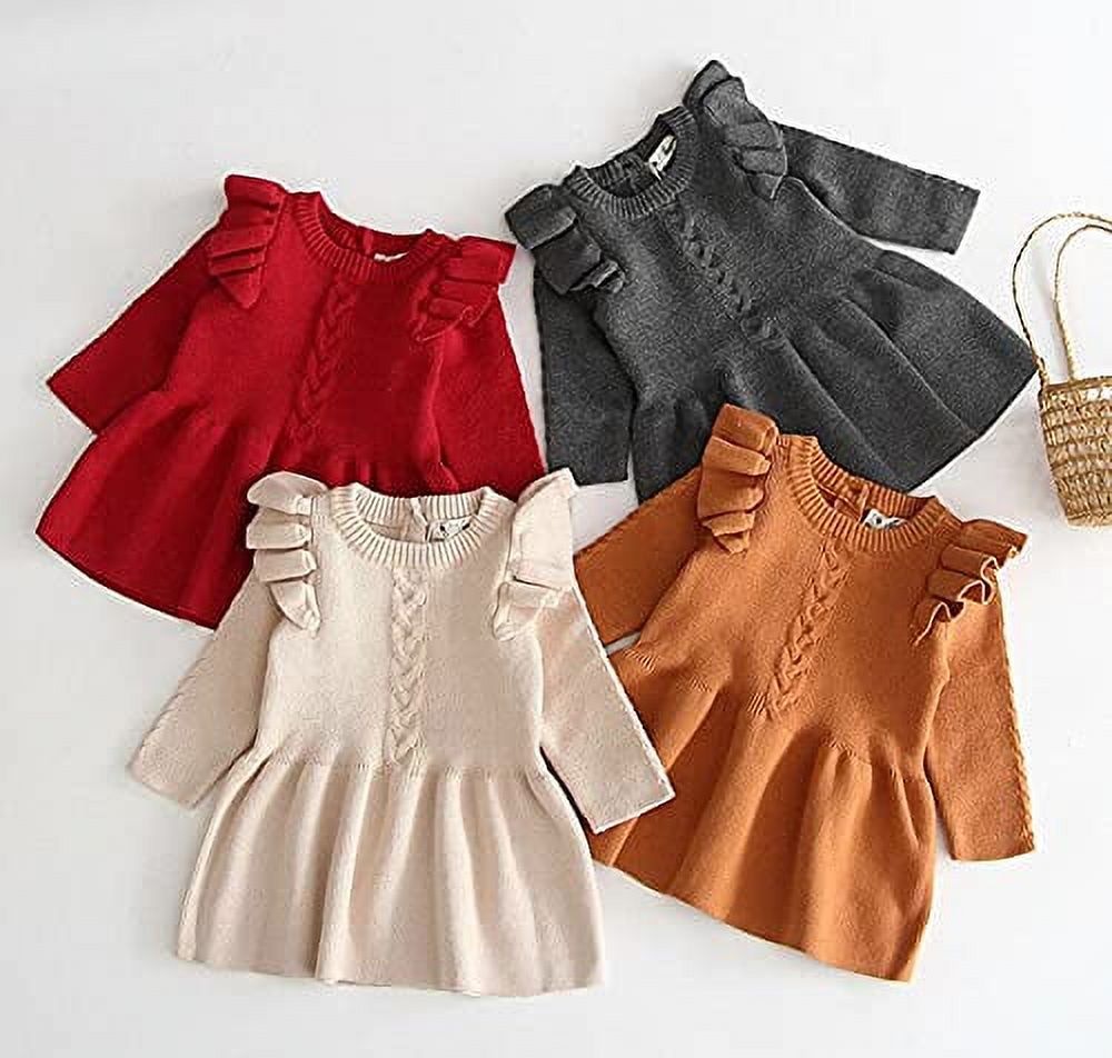 Styles I Love Baby Toddler Girls Knit Sweater Ruffle Long Sleeve Cotton Dress Little Princess Solid Dressy Outfit (Grey, 2T)