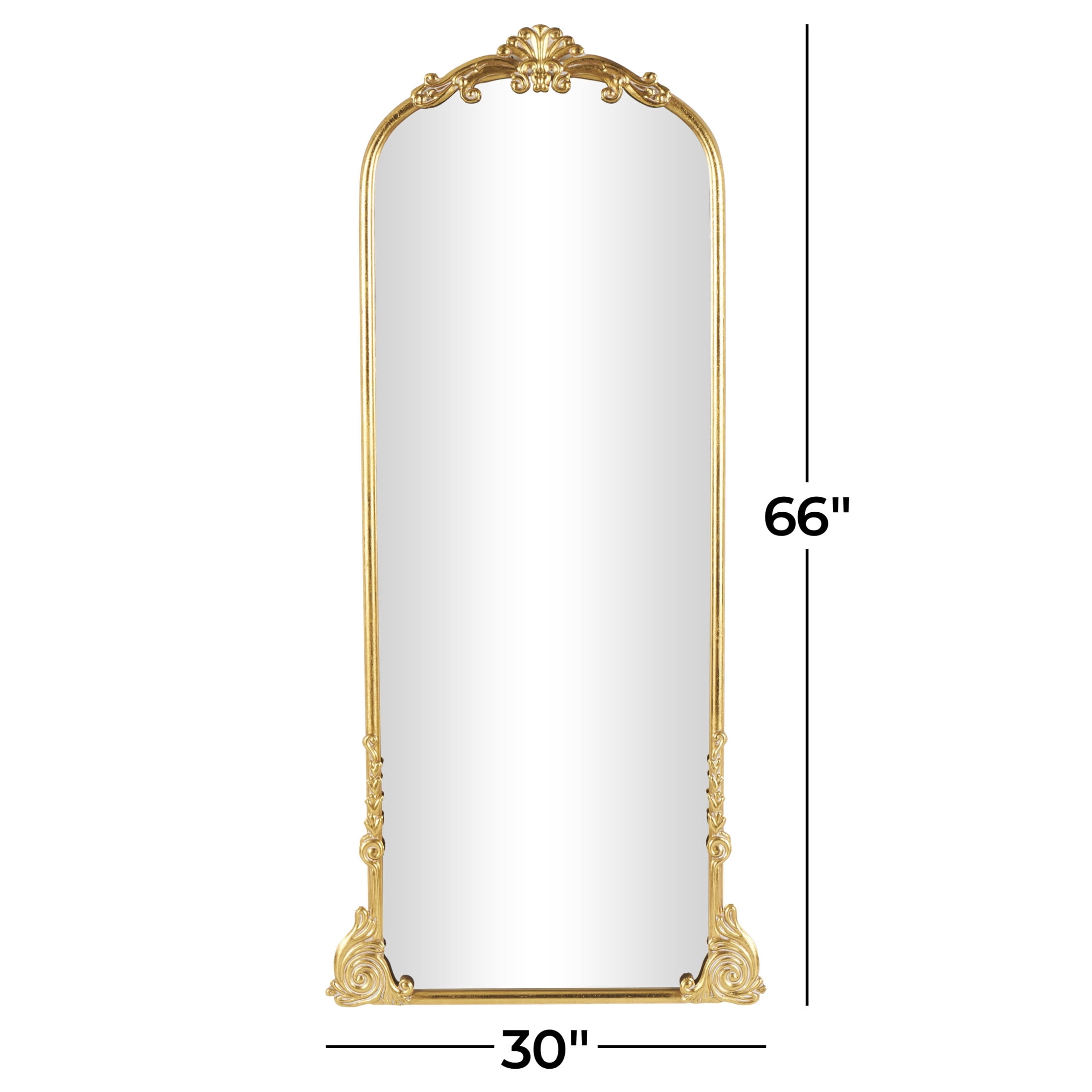 DecMode 30" x 66" Gold Metal Scroll Tall Ornate Arched Baroque Floor Mirror