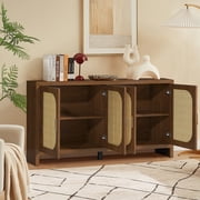 Rattan Sideboard Buffet Cabinet with Storage, Wooden Cabinet with 4 Doors, Kitchen Console Table